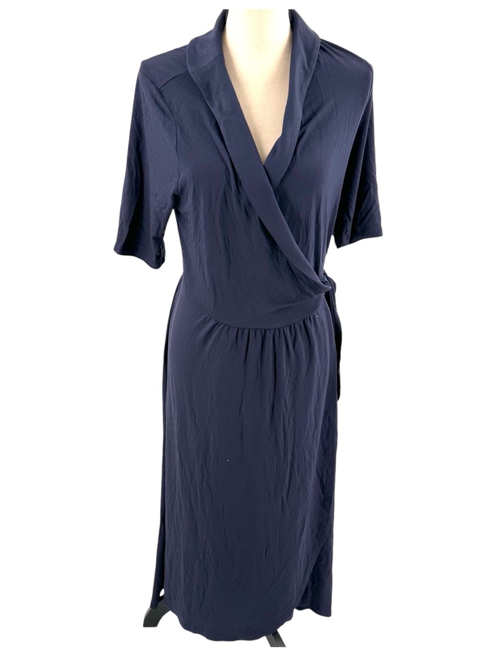 Boden Navy Blue Short Sleeve Stretch Jersey Wrap Midi Dress 12 Belt Classic